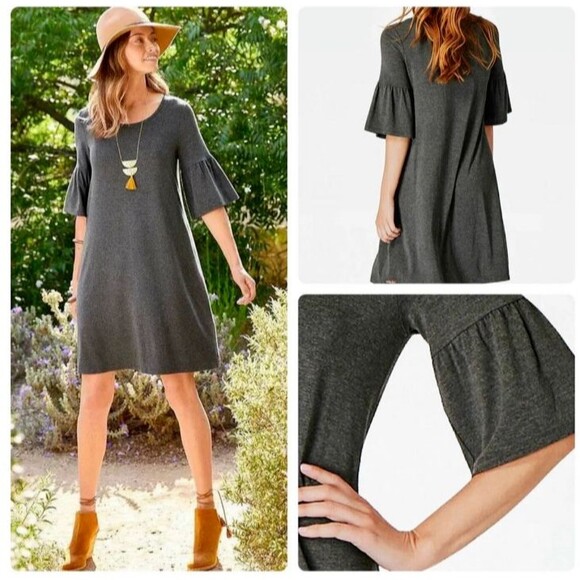 Matilda Jane Women's Shift Dress Gray Large Jersey Knit Bell Sleeve Round Neck - Picture 1 of 8